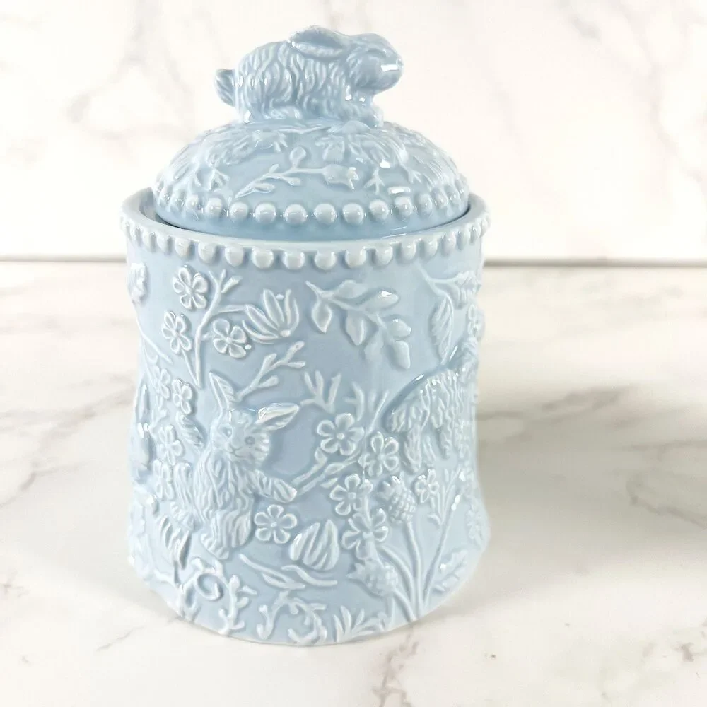 Kate Williams Blue Bunny Creamer and Sugar Set, Embossed Rabbit Ceramic Tea Set